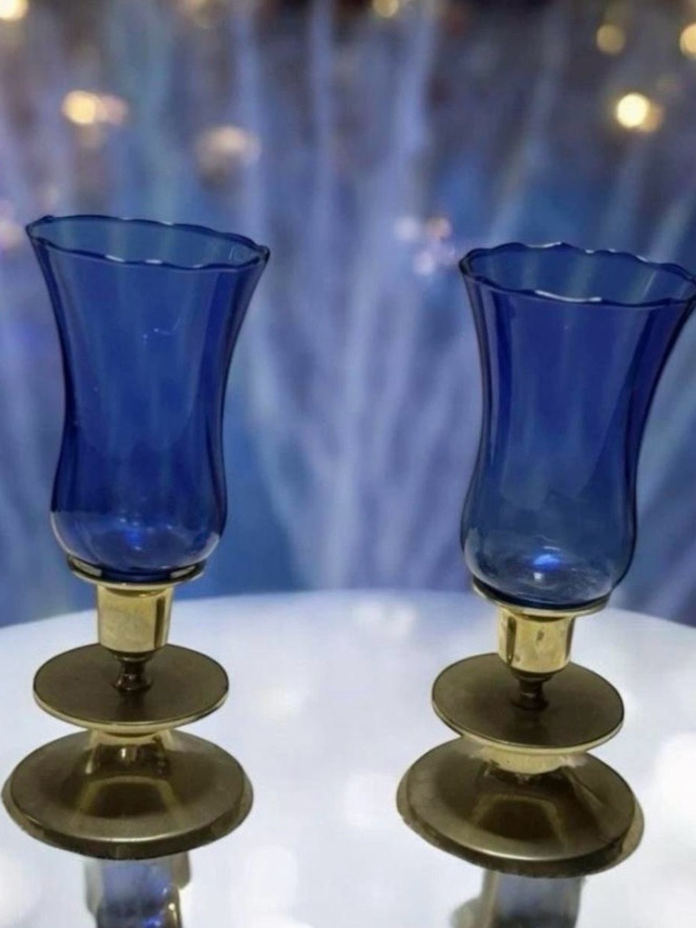 Vintage ~ 2 Candlestick Holders~Cobalt Blue Glass Hurricane Style & Metal~ 1970s